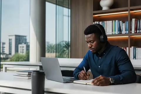 A professional completing digital learning in a quiet workspace